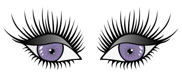 Vector illustration of The look of violet eyes. Smokey eye. Lush black eyelashes. White highlights on the iris and pupil.