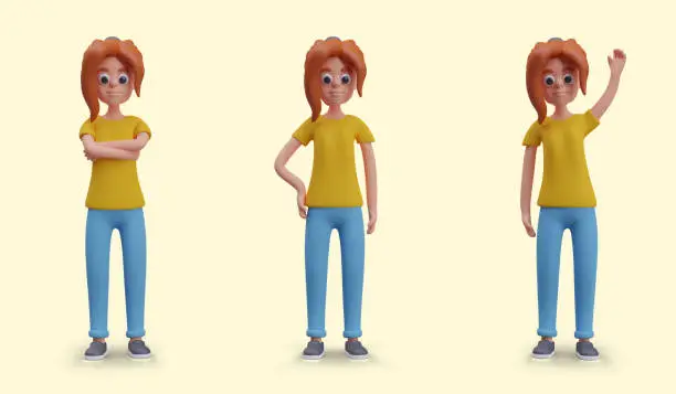 Vector illustration of Red haired girl in different poses. Modern teenager in jeans. Female vector character