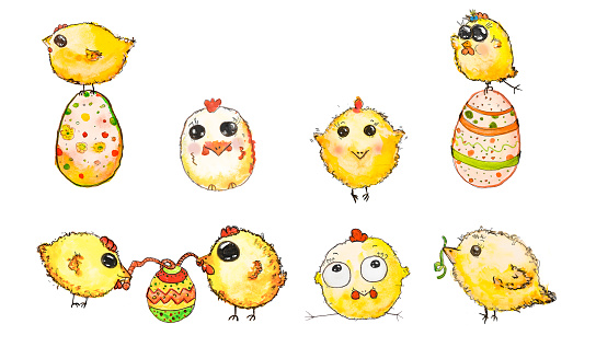 Hand Drawn Chicks and Eggs Isolated on White