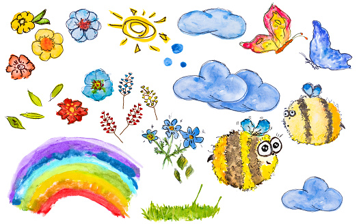 Hand Drawn Bees, Flowers, Sun, Leaves, Grass, Clouds,  Rainbow, and Butterflies