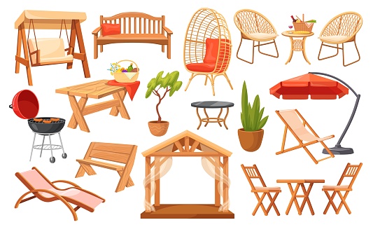 Cartoon outdoor furniture. Living patio exterior elements, wicker rattan chairs garden barbecue, backyard picnic terrace seat bench and table vector illustration of furniture restaurant backyard