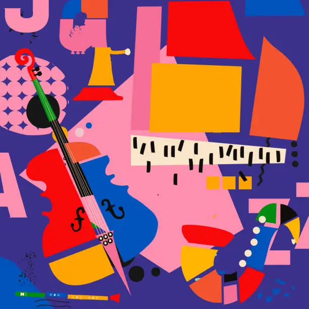 Vector illustration of Multicolored hand-drawn jazz music session poster. Artsy promo flyer or invitation. Colorful concert event doodle background with musical instruments