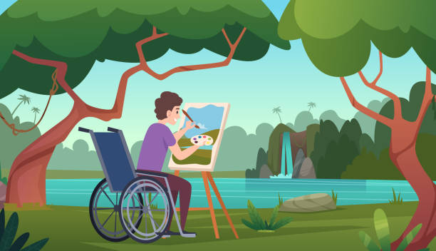 ilustrações, clipart, desenhos animados e ícones de pintor pessoa com deficiência sentado em cadeira de rodas e pintura de fundo da natureza bonita - physical impairment individuality disabled dependency