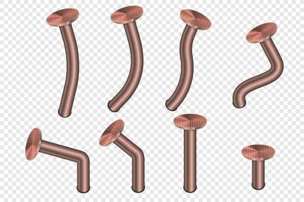Vector illustration of Realistic old bent iron nails hammered into wall. Vector 3d illustration isolated on transparent background.