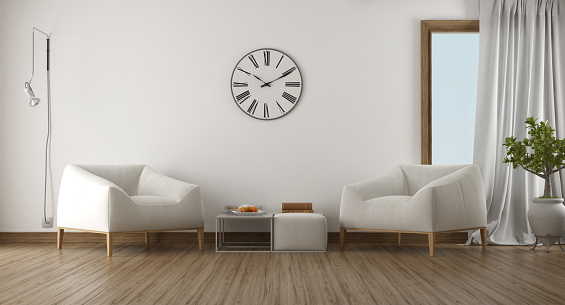 Stylish living room setup featuring two cozy white armchairs, a wall clock, and natural light - 3d rendering