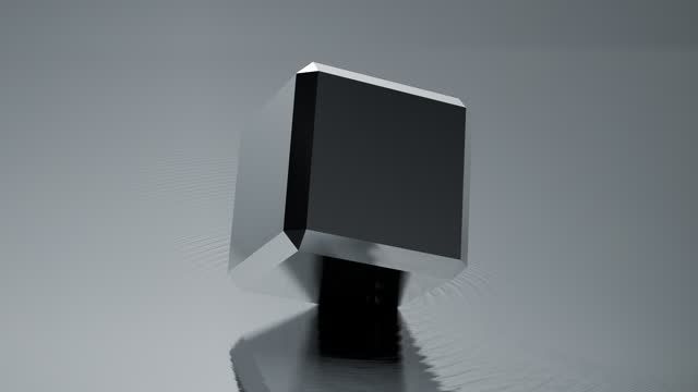 3D cube moving unpredictably on its axis over a liquid surface and creating ripples. 4k Loop.