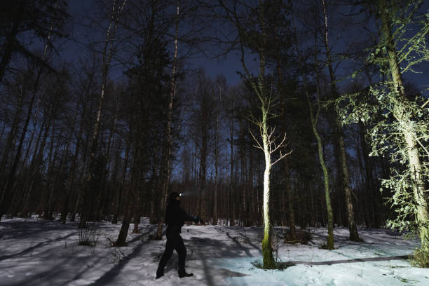 istock Man with flashlight and pistol in a night winter forest. 2062760877