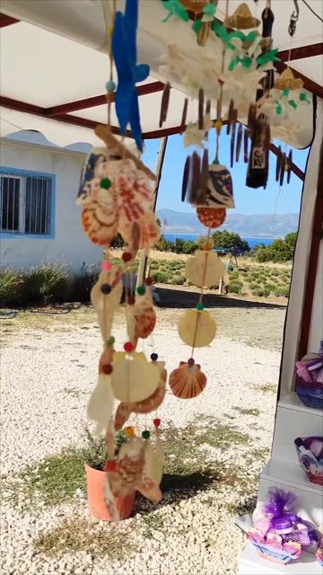 Seashells suspended on a rope, colorful wind chimes