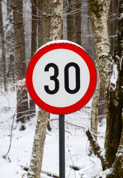 istock Road speed limit indicator 30 km per hour covered by snow 2062771560