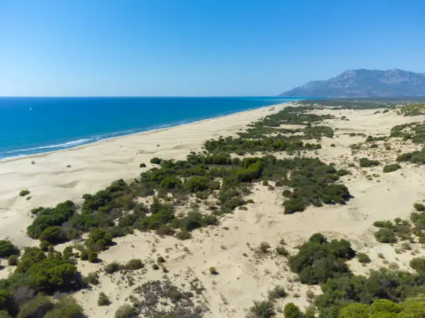 Photo of Beautiful sandy beach of Patara with blue sea, Kalkan, Antalya, Turkey. Drone view of the sandy beach, the length of the Mediterranean coast and the longest sandy beach