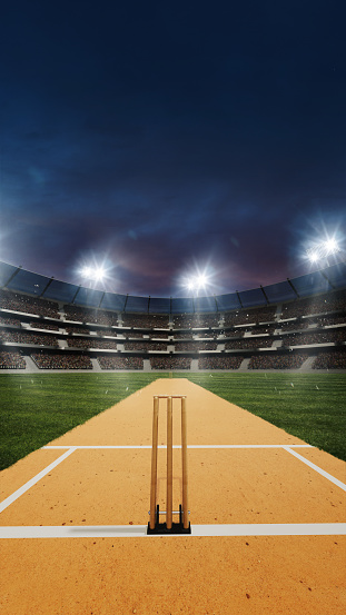 Vertical image of cricket open air stadium with fan zine tribune in the evening with flashlights. 3D render. Poster for cricket tournament. Professional sport, competition, championship, game concept