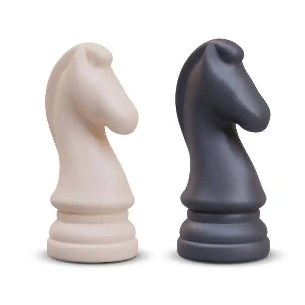 Vector illustration of Pair of chess knights stands on white background. Game figures of different colors, rivals