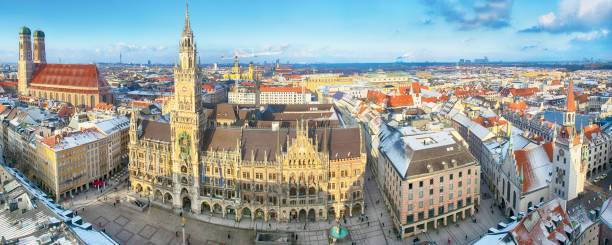 Aerial panoramic winter view of Marienplatz square in the city centre of Munich, Germany. Composite photo
