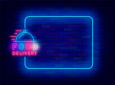 Food delivery neon template. Restaurant online order. Empty turquoise frame and typography. Fast transportation. Shiny advertising. Copy space. Editing text. Vector stock illustration