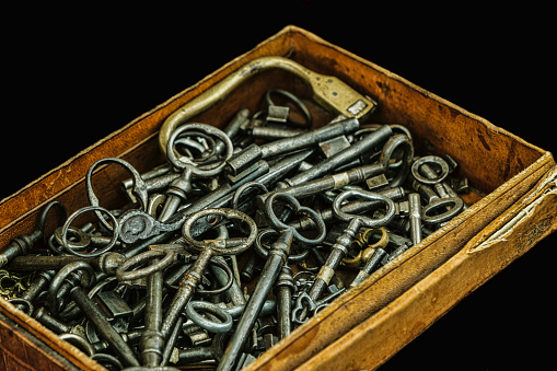an old cardboard box with antique keys