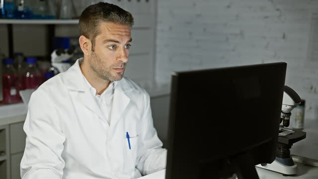 Amazed young hispanic man scientist, mouth wide open in disbelief, scared surprised face while using computer in lab