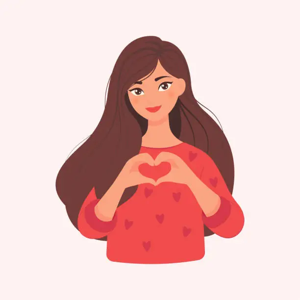 Vector illustration of Beautiful girl in a red sweater making heart shape with hands