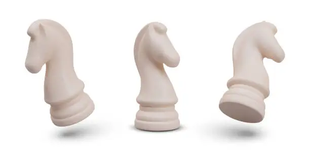 Vector illustration of Set of white chess knights, horses. Realistic vector elements in different position
