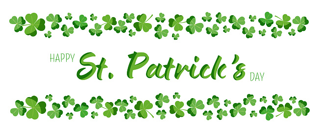 St. Patrick's Day banner with shamrock in a row. Green clover border, horizontal frame. Sample symbol of Ireland. Irish header for the web.