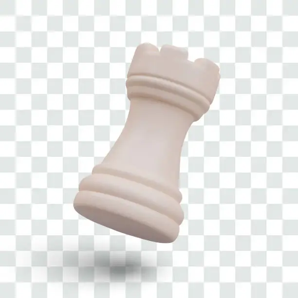 Vector illustration of Isolated white rook in 3D style. Vector chess figure, angle view object