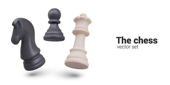 3D floating black and white chess pieces. Pawn, knight, queen with shadows. Advertising banner on white background. Vector template for online game, battle