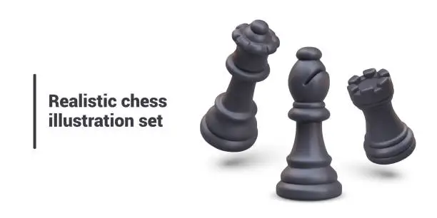 Vector illustration of Set of realistic chess pieces in different positions. Effect of movement, attack