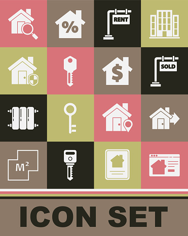 Set Online real estate house Sale Hanging sign with Sold Rent House key under protection Search and dollar symbol icon. Vector.