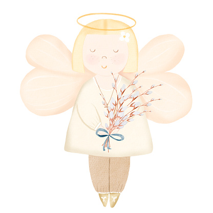 Angel watercolor illustration. Cute cherub with a bouquet of willow branches in his hands. Clip art isolated on white background. For design of holiday cards and invitations for baby shower or Easter. High quality illustration