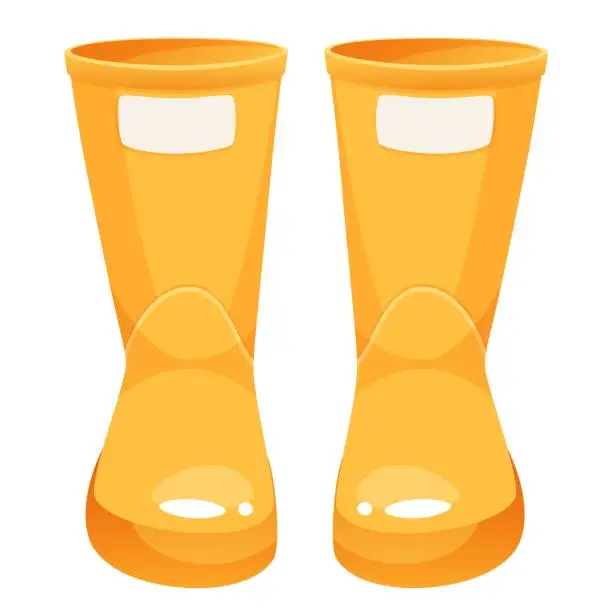 Vector illustration of Yellow clean bulky rubber boots front view. Rubber boots for gardening, farming, walking in the rain. Vector illustration of protective shoes from moisture. Clip art for logos, icons, postcard design