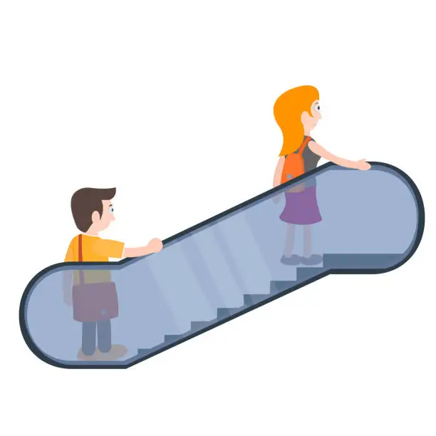 Vector illustration of People on the escalator. Passengers climb the escalator stairs