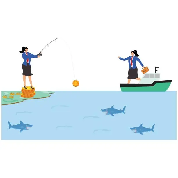 Vector illustration of One businesswoman fishing on top of a stack of gold coins and baiting his hook with Bitcoin Cryptocurrency to attract people