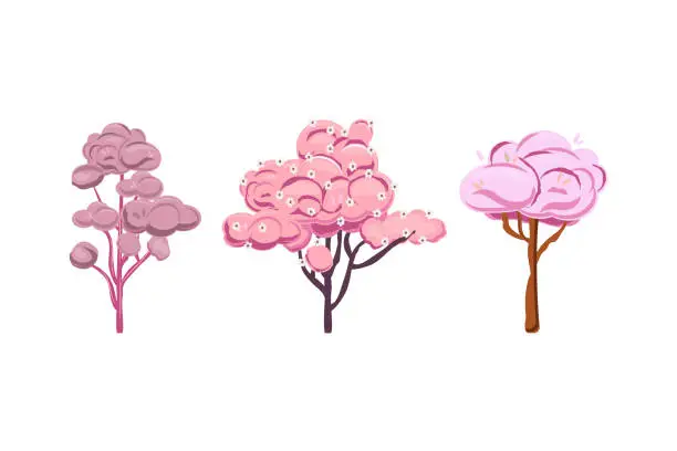 Vector illustration of Pink Blossom Trio. Three pink trees