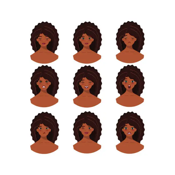 Vector illustration of Expressive Portraits of a Black Young Girl