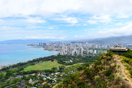 Cityscape of Honolulu from Diamond Head State Monument in Hawaii, USA