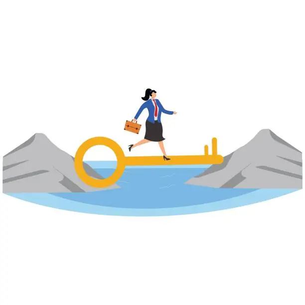 Vector illustration of Businesswoman is walking along the bridge made of a big gold Key to cross over the cliff