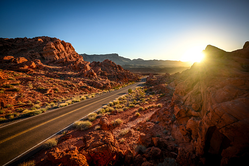 A valley of Fire, Nevada sunset over a beautiful orange landscape