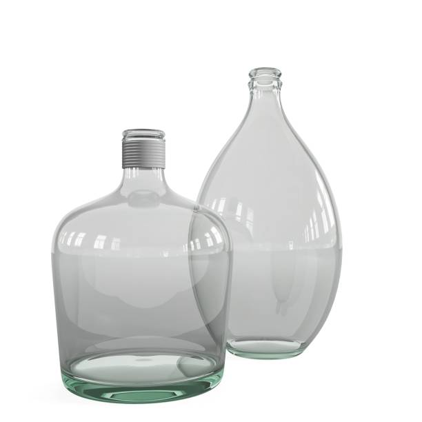 A 3D render of transparent glass bottles on a white background
