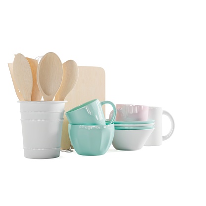 A 3D render of a collection of cups, spoons, and kitchen utensils