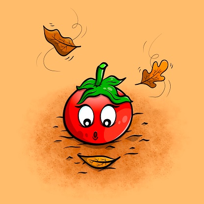 A tomato character looks at the falling autumn leaves and is amazed by the coming of the Autumn season.
