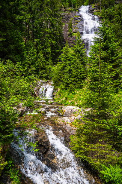 Melnikfall waterfall in the Malta river in the Maltatal in Carinthia, Austria during a beautiful springtime day in the Central Eastern Alps. The valley is well known for its many waterfalls when the snow high up in the mountains is melting and is  also called the 'Valley of Falling Waters'. There is a scenic route through the vally that runs up to the Kölnbrein Dam.