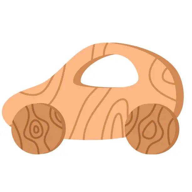 Vector illustration of Baby wooden rattle car. Baby wooden toy . Baby rattle in scandinavian style concept.