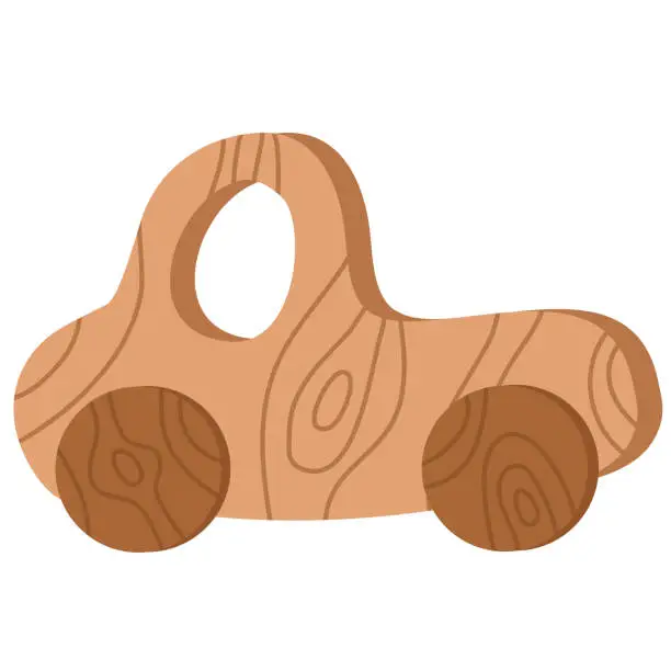 Vector illustration of Baby wooden rattle car. Baby wooden toy . Baby rattle in scandinavian style concept.