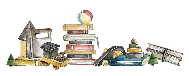 Reading children's literature. A long line of old books surrounded by children's toys - a train and a car, a pyramid and a ball. Hand drawn watercolor illustration for your design