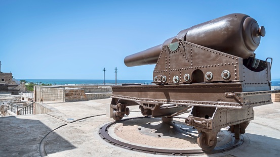 Tanger, Morocco – July 20, 2023: The Tangier Fortifications Interpretation Center with a large seaside cannon in Tanger, Morocco