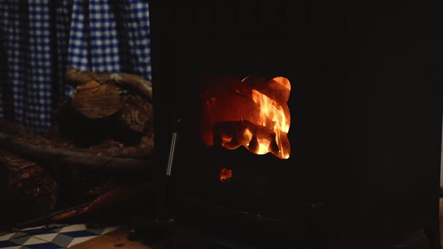 A wood burning stove near wicker basket with chopped dry logs in a rural house