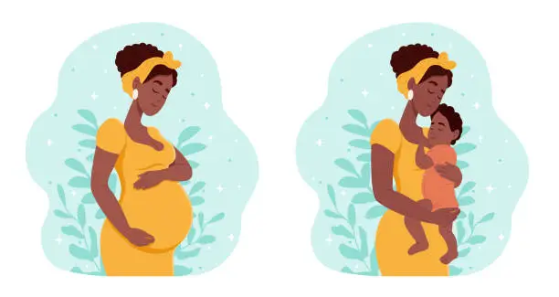 Vector illustration of Pregnant black woman with a belly. Mother with a newborn baby. Pregnancy and motherhood. Flat vector illustration.