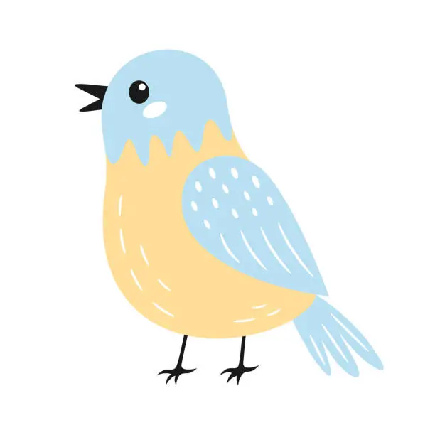 Vector illustration of Cute bird in blue and yellow pastel colors. Birds or baby animals theme. Vector illustration.