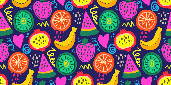 Colorful tropical fruits doodle seamless pattern. Pattern swatch ready in vector color swatch panel. Can be used for textile, fabric print, wallpaper-decor, wrapping paper, home decor, clothing. banner, cover, cards and more