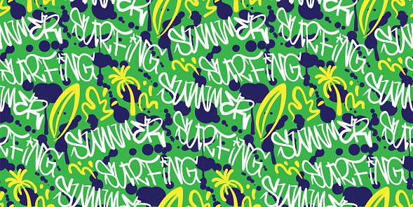 Summer surfing graffiti text art and doodle tropical seamless pattern. Pattern swatch ready in vector color swatch panel. Can be used for textile, fabric print, wallpaper-decor, wrapping paper, home decor, clothing. banner, cover, cards and more