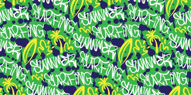 Vector illustration of Summer surfing graffiti text art and doodle tropical seamless pattern